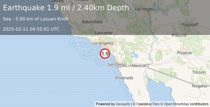 Earthquake 26 km ENE of Avalon, CA (1.9 ml) (2025-02-11 04:55:01 UTC)