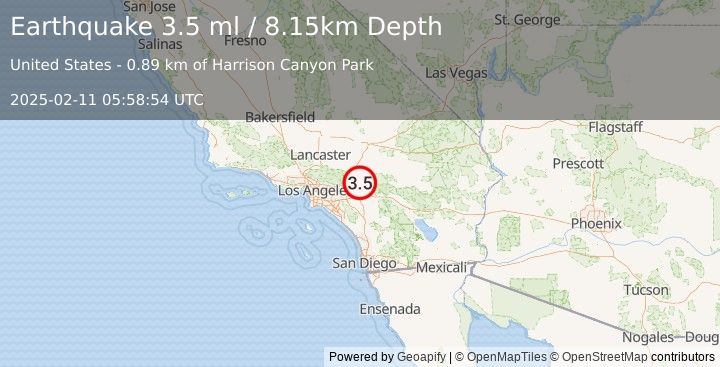 Earthquake 5 km NNE of San Bernardino, CA (3.5 ml) (2025-02-11 05:58:54 UTC)