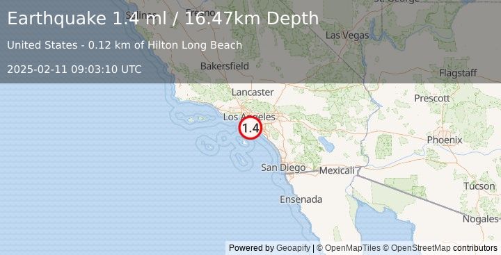 Earthquake 5 km SW of Signal Hill, CA (1.4 ml) (2025-02-11 09:03:10 UTC)