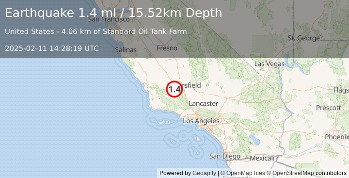 Earthquake 10 km N of Taft, CA (1.4 ml) (2025-02-11 14:28:19 UTC)