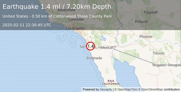 Earthquake 2 km E of Rancho San Diego, CA (1.4 ml) (2025-02-11 22:30:45 UTC)