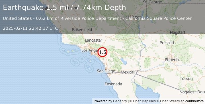 Earthquake 4 km WSW of Riverside, CA (1.5 ml) (2025-02-11 22:42:17 UTC)