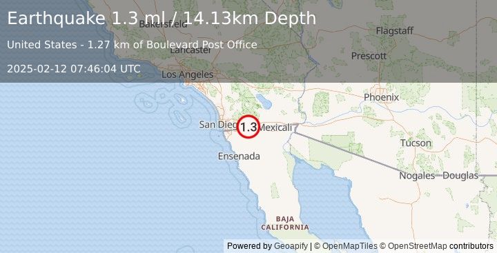 Earthquake 17 km ENE of Campo, CA (1.3 ml) (2025-02-12 07:46:04 UTC)