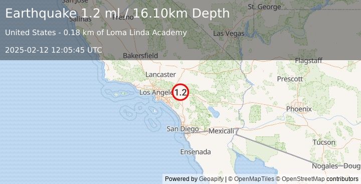 Earthquake 1 km N of Loma Linda, CA (1.2 ml) (2025-02-12 12:05:45 UTC)