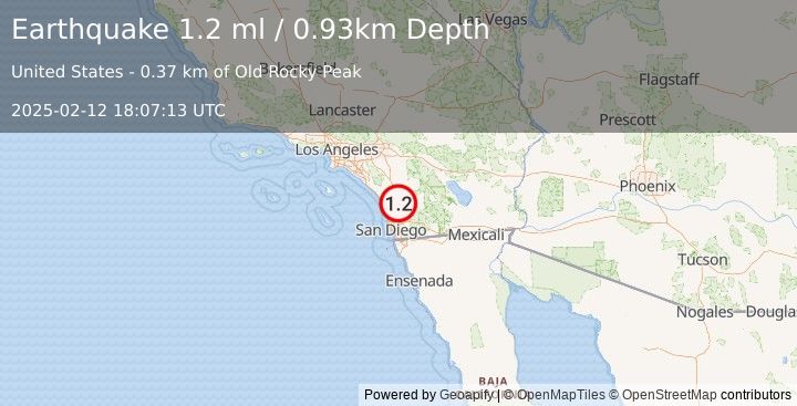 Earthquake 7 km SSE of Valley Center, CA (1.1 ml) (2025-02-12 18:07:14 UTC)