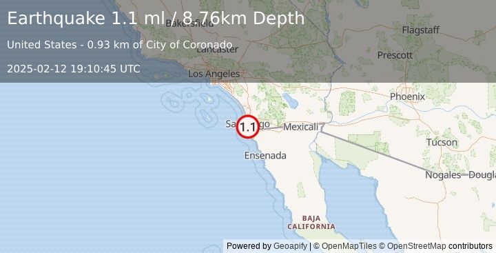 Earthquake 6 km SSE of Coronado, CA (1.1 ml) (2025-02-12 19:10:45 UTC)