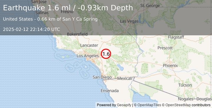 Earthquake 10 km SSE of Big Bear Lake, CA (1.6 ml) (2025-02-12 22:14:20 UTC)