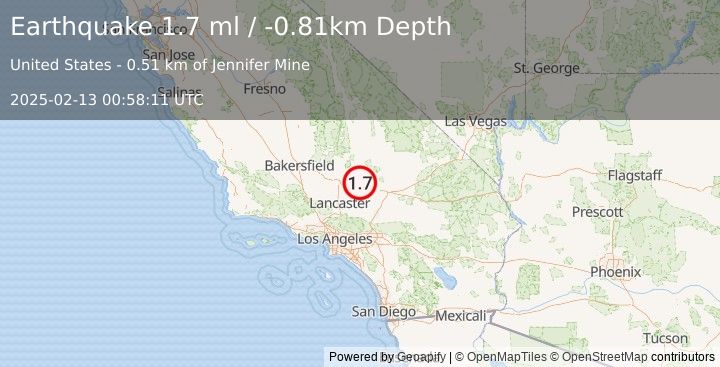 Earthquake 6 km NW of Boron, CA (1.7 ml) (2025-02-13 00:58:11 UTC)