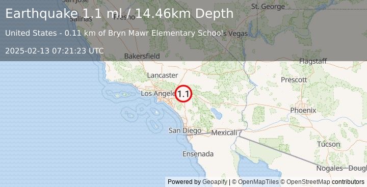 Earthquake 3 km ESE of Loma Linda, CA (1.1 ml) (2025-02-13 07:21:23 UTC)