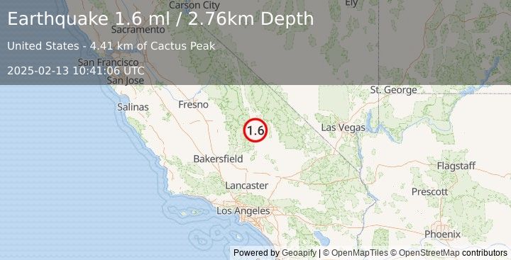 Earthquake 10 km NE of Coso Junction, CA (1.6 ml) (2025-02-13 10:41:06 UTC)