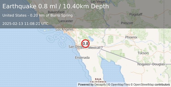 Earthquake 26 km NE of Pine Valley, CA (0.8 ml) (2025-02-13 11:08:21 UTC)