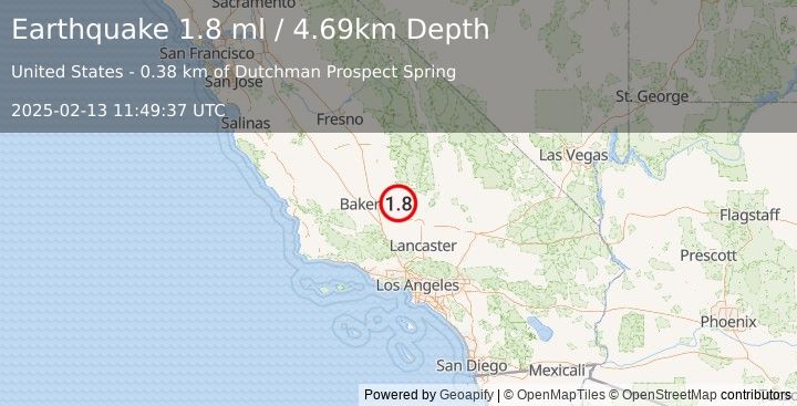 Earthquake 25 km SSW of Bodfish, CA (1.8 ml) (2025-02-13 11:49:37 UTC)