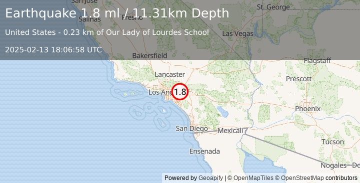 Earthquake 1 km SSE of Montclair, CA (1.8 ml) (2025-02-13 18:06:58 UTC)