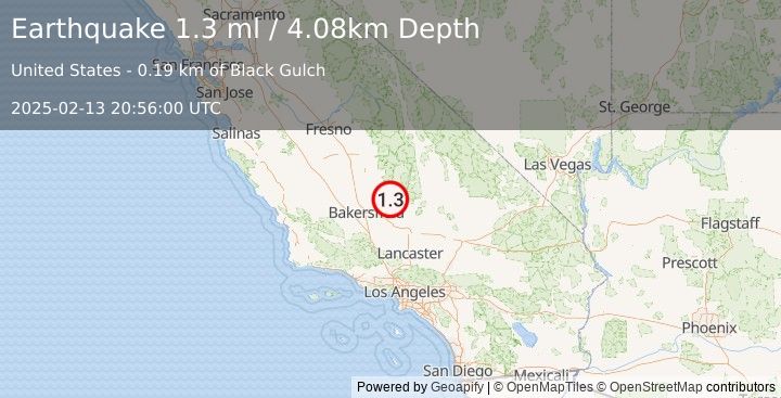 Earthquake 3 km W of Bodfish, CA (1.3 ml) (2025-02-13 20:56:00 UTC)