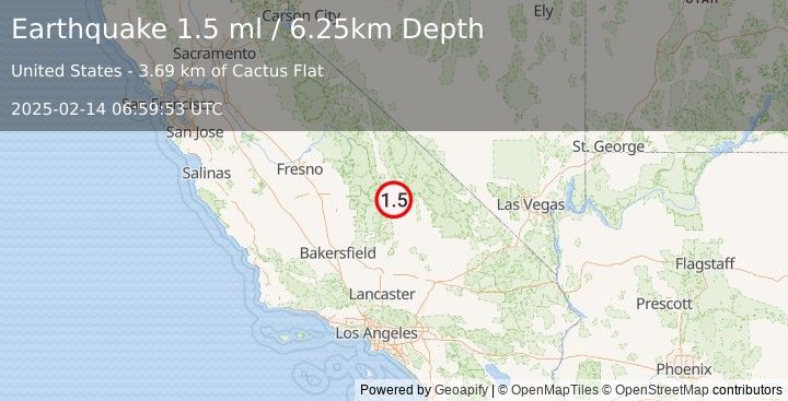 Earthquake 12 km ESE of Olancha, CA (1.5 ml) (2025-02-14 06:59:53 UTC)