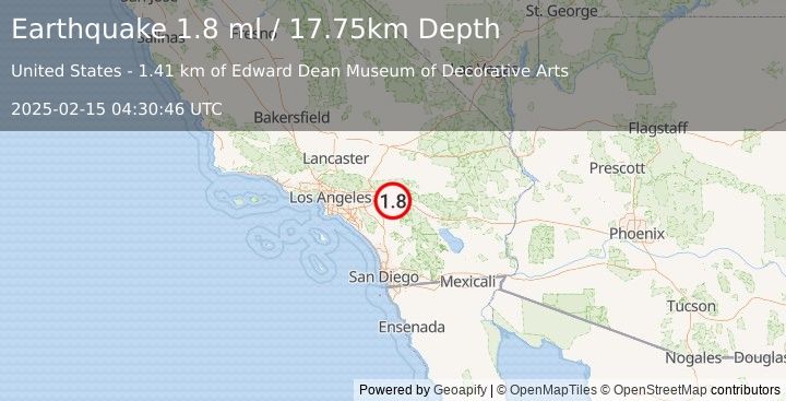 Earthquake 7 km E of Calimesa, CA (1.8 ml) (2025-02-15 04:30:46 UTC)