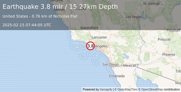 Earthquake 11 km NW of Malibu, CA (3.8 mlr) (2025-02-15 07:44:05 UTC)