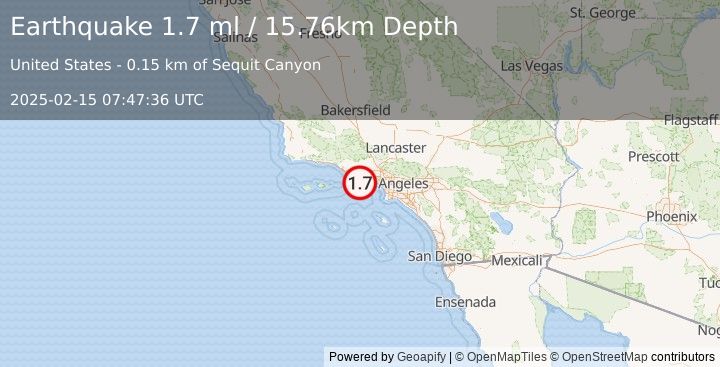 Earthquake 10 km WNW of Malibu, CA (1.7 ml) (2025-02-15 07:47:37 UTC)