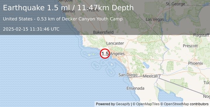 Earthquake 10 km NW of Malibu, CA (1.5 ml) (2025-02-15 11:31:46 UTC)