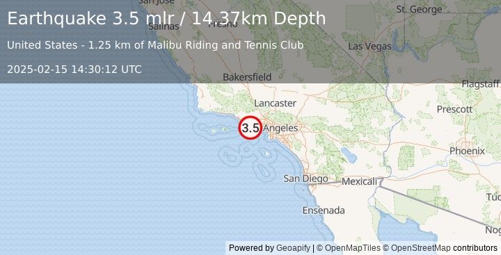 Earthquake 11 km WNW of Malibu, CA (3.5 mlr) (2025-02-15 14:30:12 UTC)