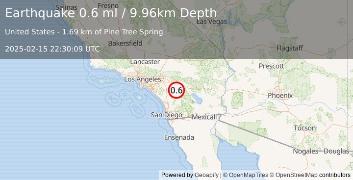 Earthquake 11 km S of Idyllwild, CA (0.6 ml) (2025-02-15 22:30:09 UTC)