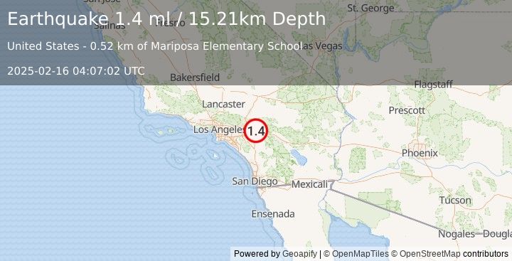 Earthquake 6 km S of Mentone, CA (1.4 ml) (2025-02-16 04:07:02 UTC)