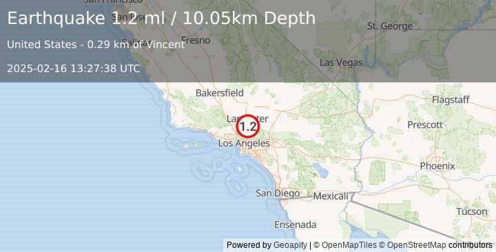 Earthquake 0 km ESE of Vincent, CA (1.2 ml) (2025-02-16 13:27:38 UTC)