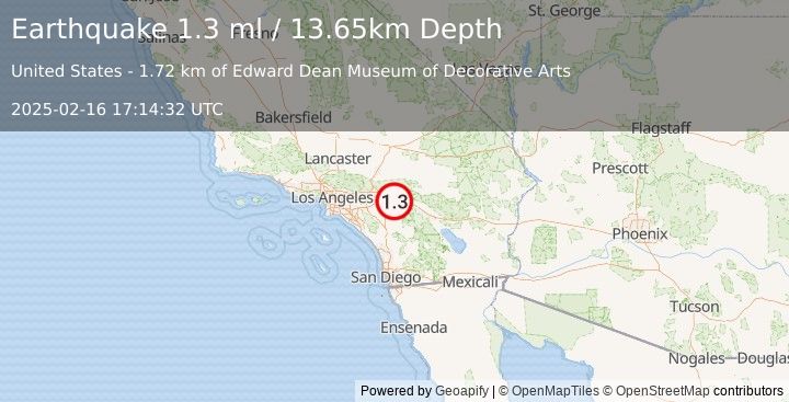 Earthquake 6 km E of Calimesa, CA (1.3 ml) (2025-02-16 17:14:32 UTC)