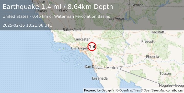 Earthquake 5 km NNE of San Bernardino, CA (1.4 ml) (2025-02-16 18:21:06 UTC)