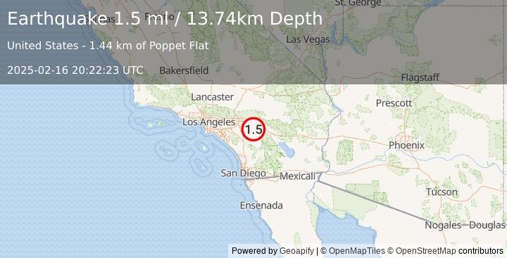 Earthquake 8 km SSE of Banning, CA (1.5 ml) (2025-02-16 20:22:23 UTC)