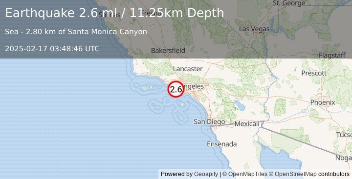 Earthquake 13 km S of Malibu Beach, CA (2.6 ml) (2025-02-17 03:48:46 UTC)