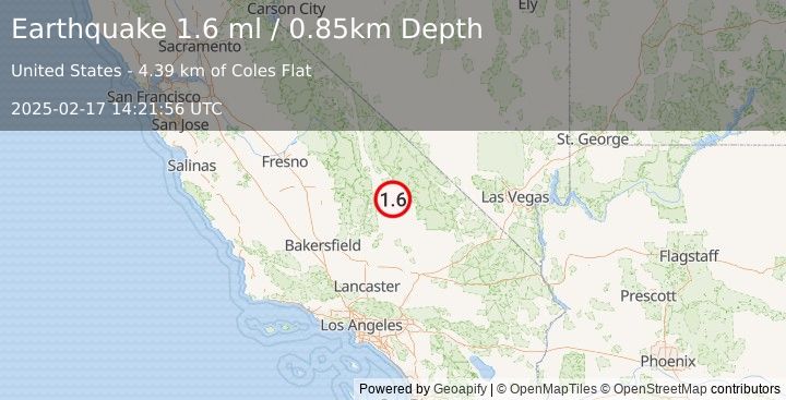 Earthquake 32 km ENE of Coso Junction, CA (1.6 ml) (2025-02-17 14:21:56 UTC)