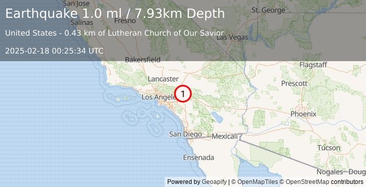 Earthquake 5 km NNE of San Bernardino, CA (1.0 ml) (2025-02-18 00:25:34 UTC)