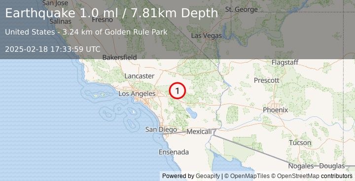 Earthquake 5 km N of Yucca Valley, CA (1.0 ml) (2025-02-18 17:33:59 UTC)