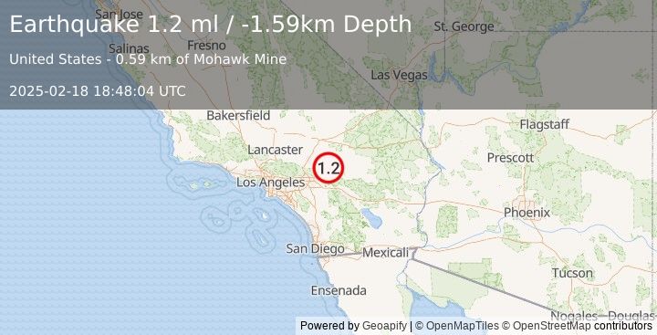 Earthquake 8 km N of Big Bear City, CA (1.2 ml) (2025-02-18 18:48:04 UTC)