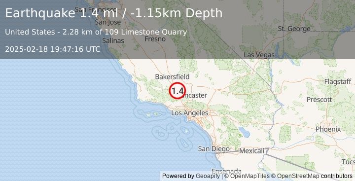 Earthquake 8 km ENE of Lebec, CA (1.4 ml) (2025-02-18 19:47:16 UTC)