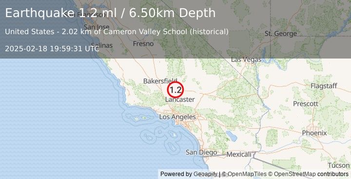 Earthquake 13 km SE of Tehachapi, CA (1.2 ml) (2025-02-18 19:59:30 UTC)