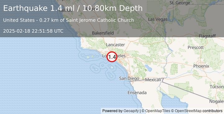 Earthquake 3 km NW of Inglewood, CA (1.4 ml) (2025-02-18 22:51:58 UTC)