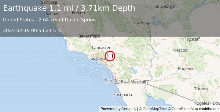 Earthquake 8 km S of Lytle Creek, CA (1.1 ml) (2025-02-19 00:53:24 UTC)