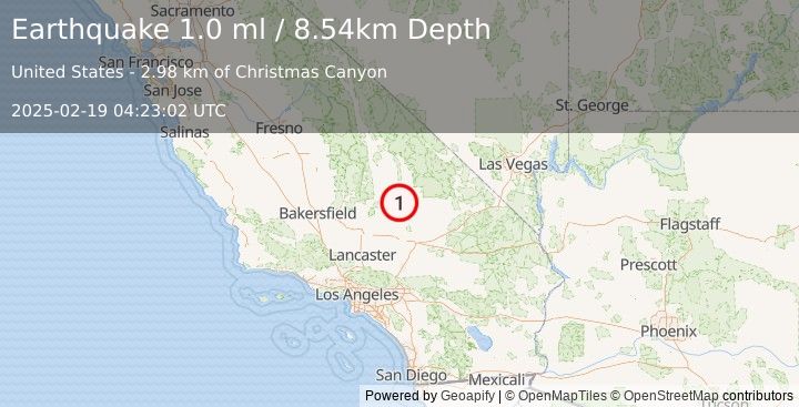 Earthquake 27 km S of Trona, CA (1.0 ml) (2025-02-19 04:23:02 UTC)