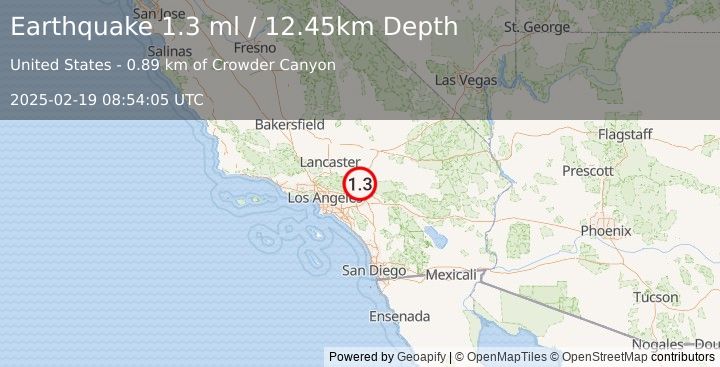 Earthquake 5 km NNE of Lytle Creek, CA (1.3 ml) (2025-02-19 08:54:05 UTC)