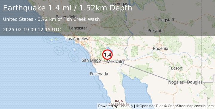 Earthquake 17 km ESE of Ocotillo Wells, CA (1.4 ml) (2025-02-19 09:12:15 UTC)