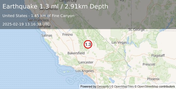 Earthquake 5 km S of Coso Junction, CA (1.3 ml) (2025-02-19 13:16:38 UTC)