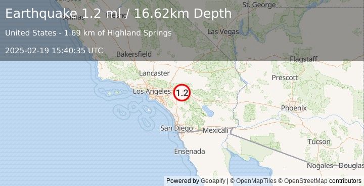 Earthquake 7 km NE of Beaumont, CA (1.2 ml) (2025-02-19 15:40:35 UTC)