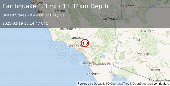 Earthquake 3 km NNW of Lytle Creek, CA (1.8 ml) (2025-02-19 18:14:48 UTC)