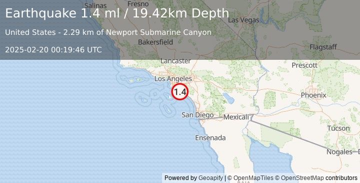 Earthquake 5 km SSW of Newport Beach, CA (1.4 ml) (2025-02-20 00:19:46 UTC)