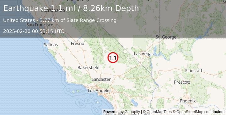 Earthquake 20 km NNE of Trona, CA (1.0 ml) (2025-02-20 00:53:16 UTC)