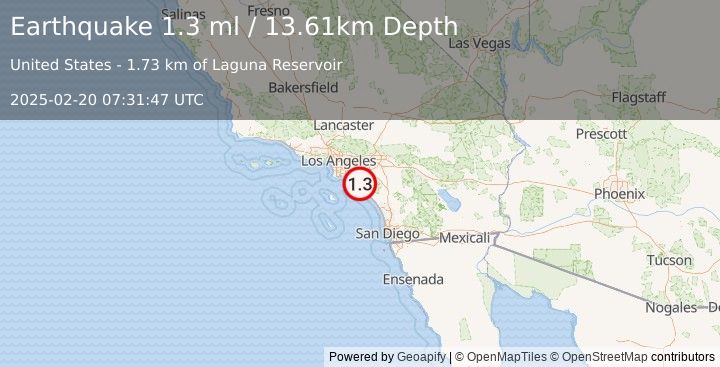 Earthquake 5 km WNW of Laguna Woods, CA (1.3 ml) (2025-02-20 07:31:47 UTC)