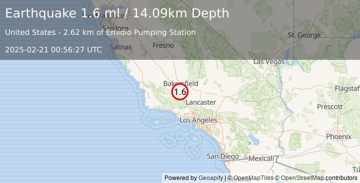 Earthquake 19 km NW of Grapevine, CA (1.6 ml) (2025-02-21 00:56:27 UTC)