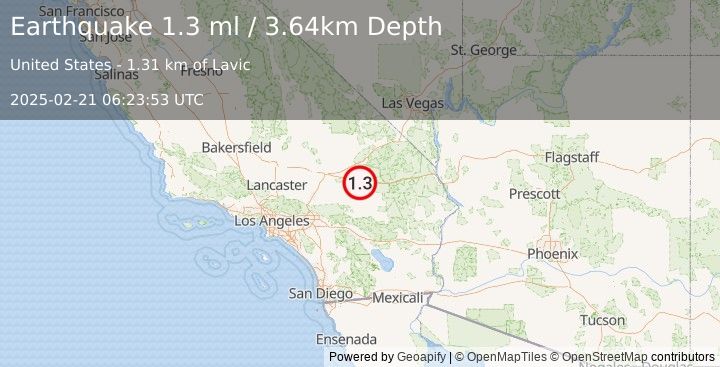 Earthquake 13 km W of Ludlow, CA (1.3 ml) (2025-02-21 06:23:53 UTC)